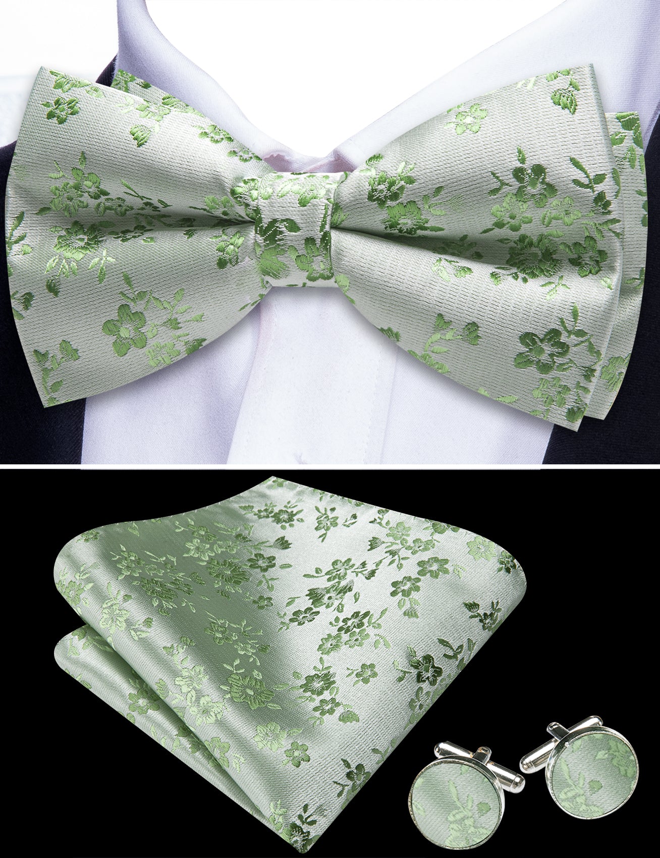 Barry. Wang Sage Green Bowtie Floral Pre-tied Silk Men's Tuxedo Bow Tie Hanky Cufflinks Set