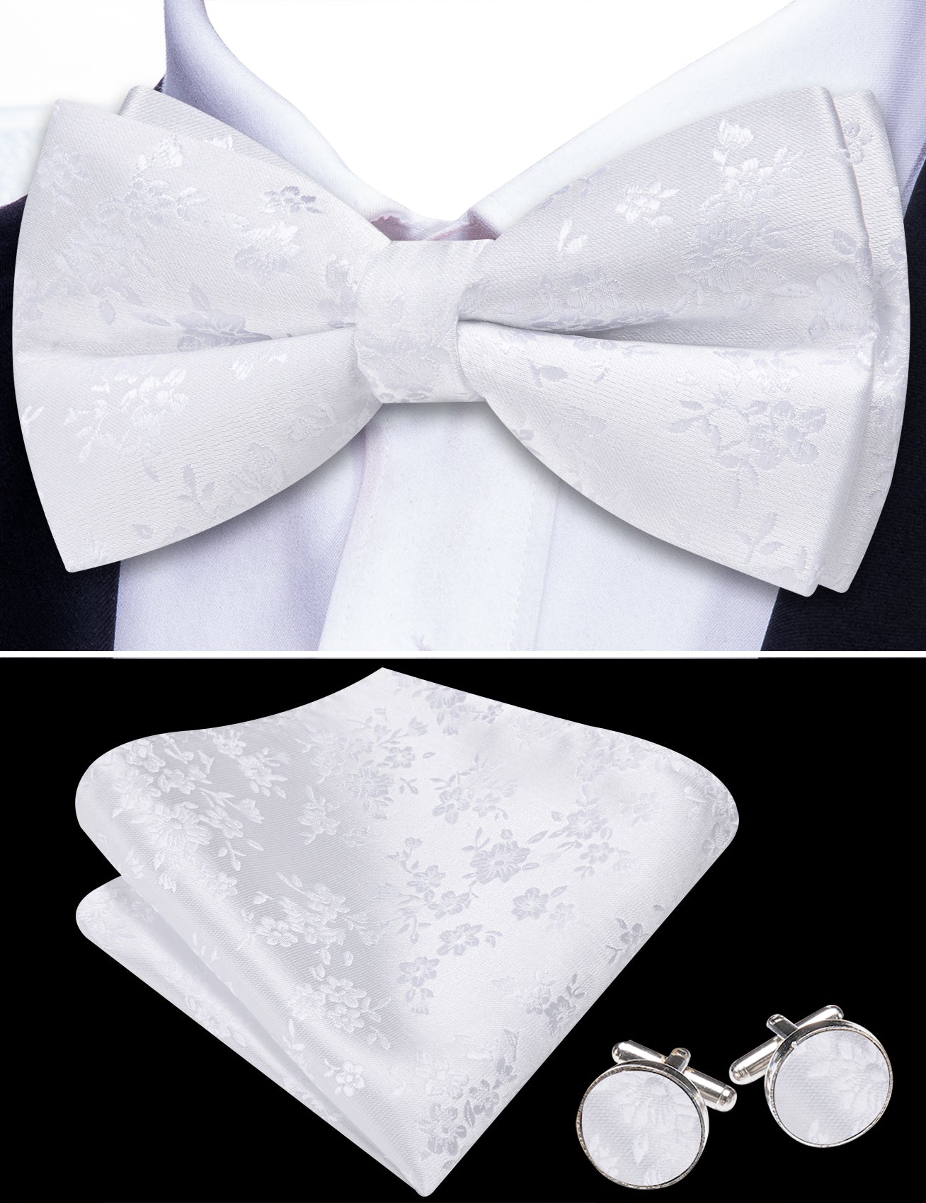 Barry. Wang White Bow Tie Hanky Cufflinks Set Floral Pre-tied Jacquard Bow Tie for Men