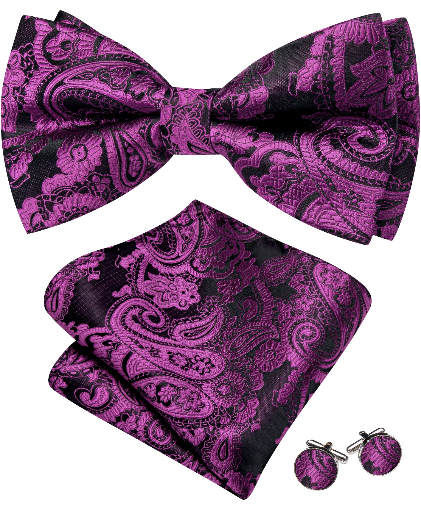 Barry. Wang Wisteria Purple Bowtie for Men Paisley Jacquard Pre-tied Bow Tie Hanky Cufflinks Set