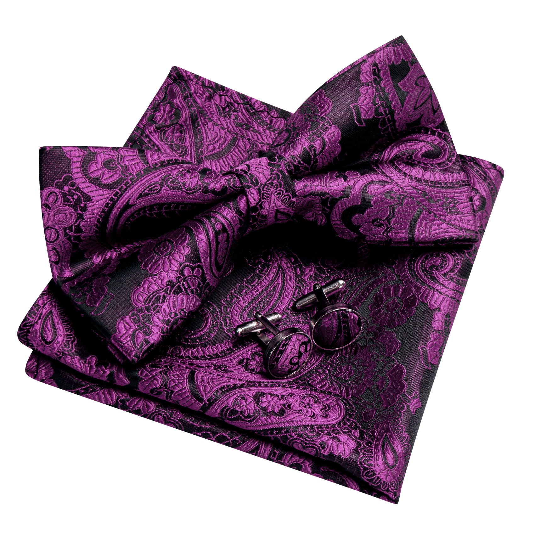 Barry. Wang Wisteria Purple Bowtie for Men Paisley Jacquard Pre-tied Bow Tie Hanky Cufflinks Set