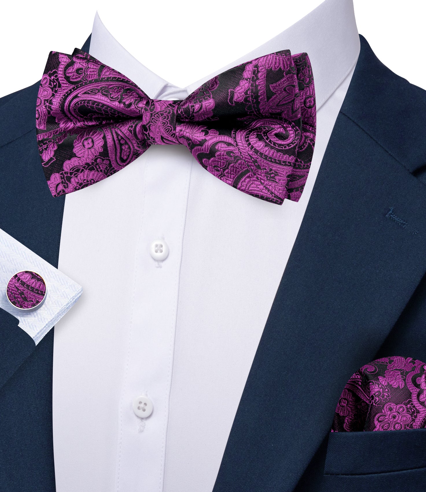 Barry. Wang Wisteria Purple Bowtie for Men Paisley Jacquard Pre-tied Bow Tie Hanky Cufflinks Set