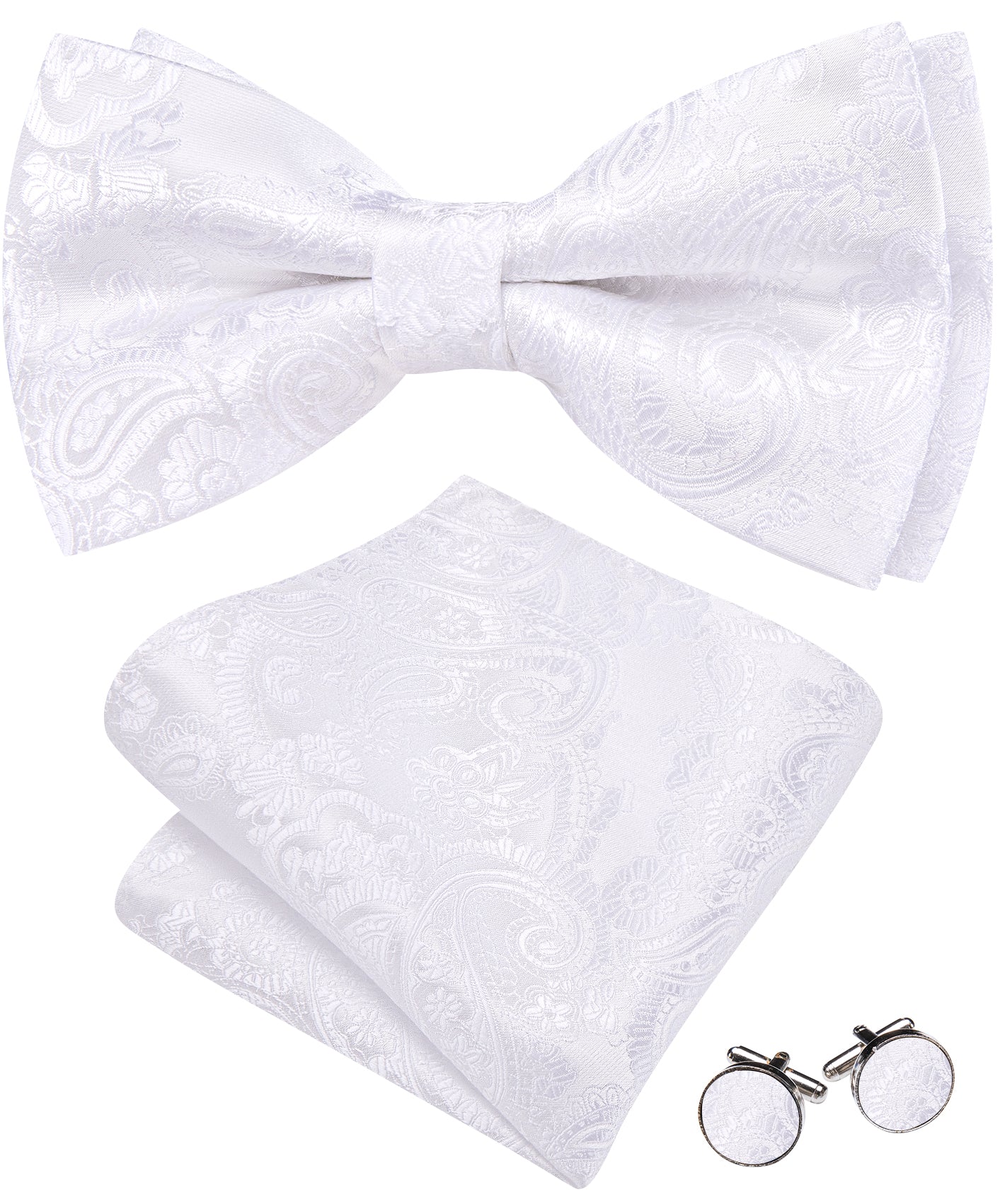 Barry. Wang White Paisley Bow Tie Hanky Cufflinks Set Pre-tied Jacquard Adjustable Wedding Party Bowtie