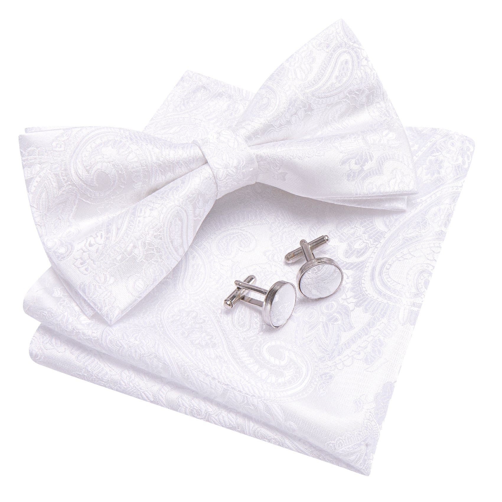 Barry. Wang White Paisley Bow Tie Hanky Cufflinks Set Pre-tied Jacquard Adjustable Wedding Party Bowtie