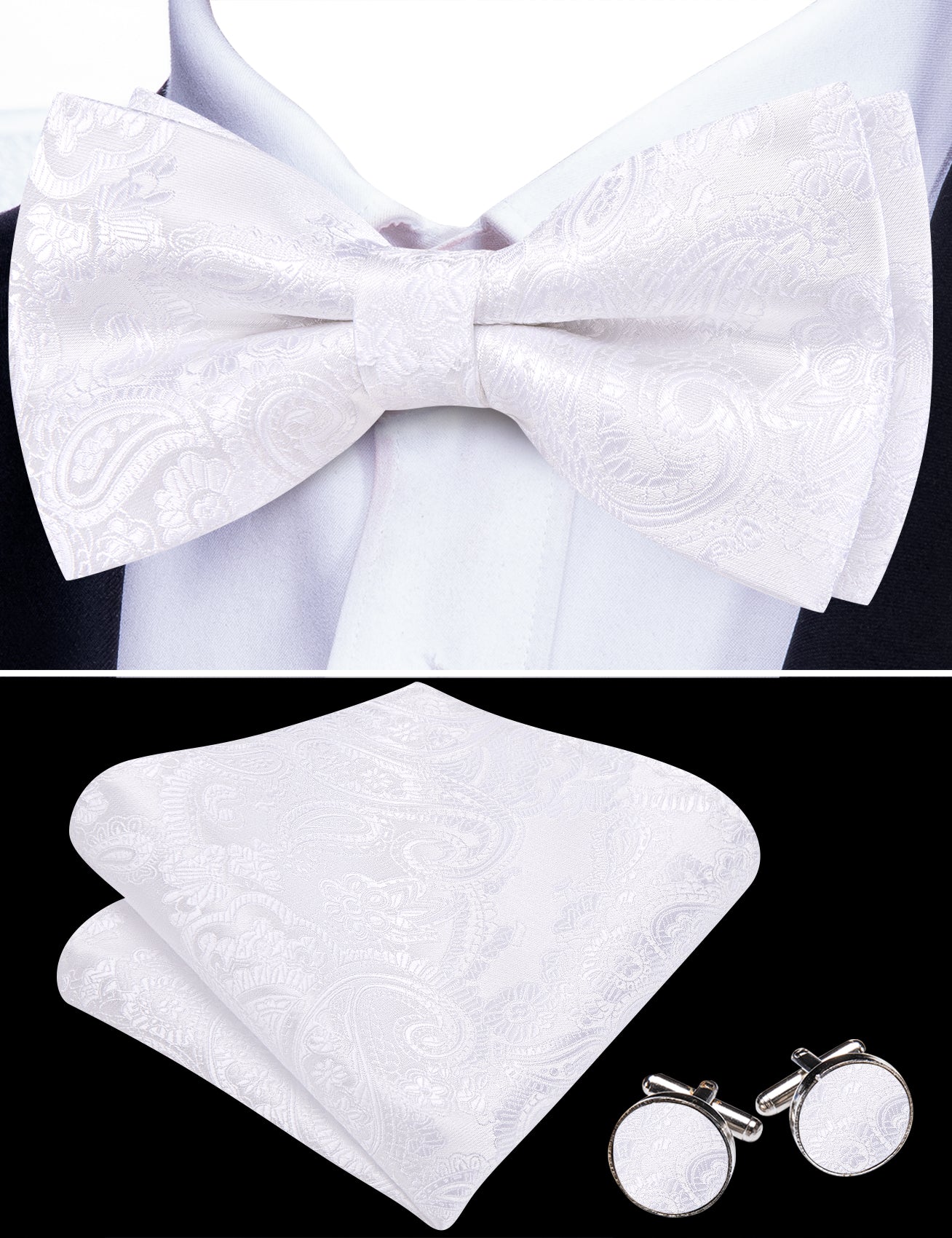 Barry. Wang White Paisley Bow Tie Hanky Cufflinks Set Pre-tied Jacquard Adjustable Wedding Party Bowtie