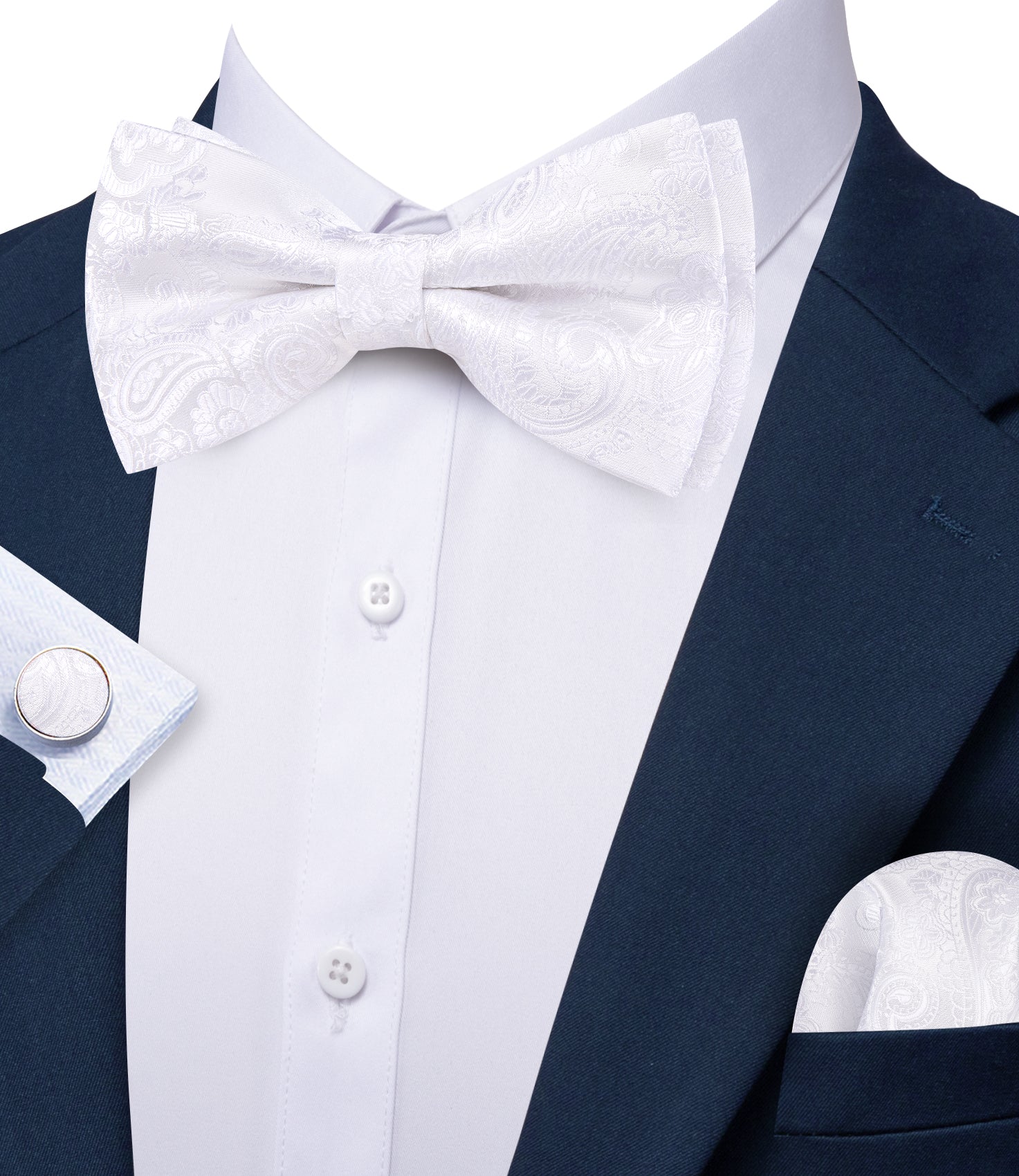 Barry. Wang White Paisley Bow Tie Hanky Cufflinks Set Pre-tied Jacquard Adjustable Wedding Party Bowtie