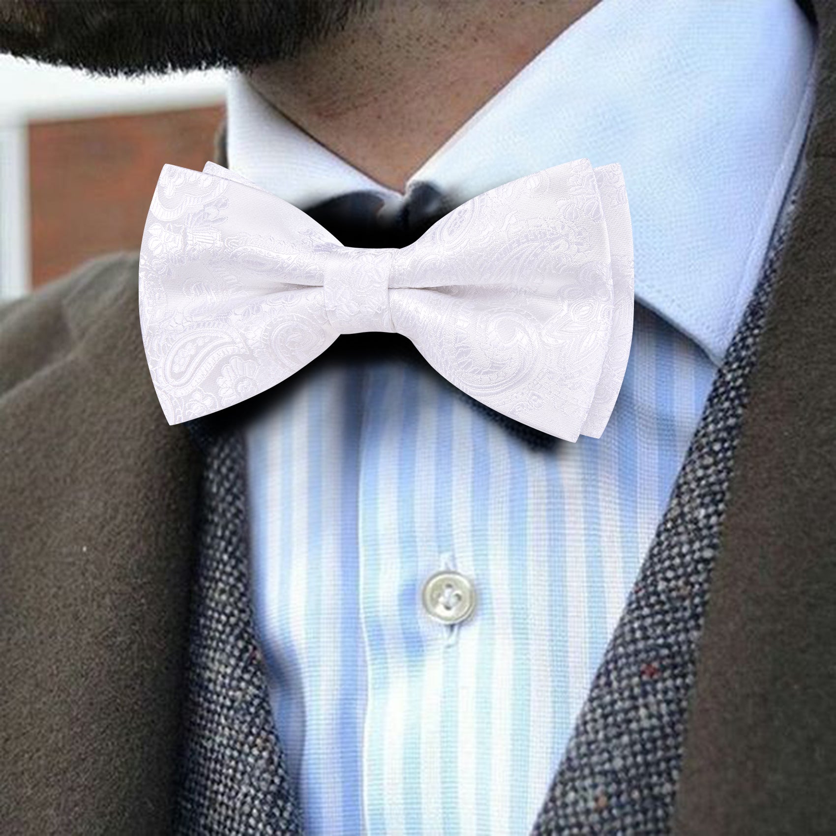 Barry. Wang White Paisley Bow Tie Hanky Cufflinks Set Pre-tied Jacquard Adjustable Wedding Party Bowtie