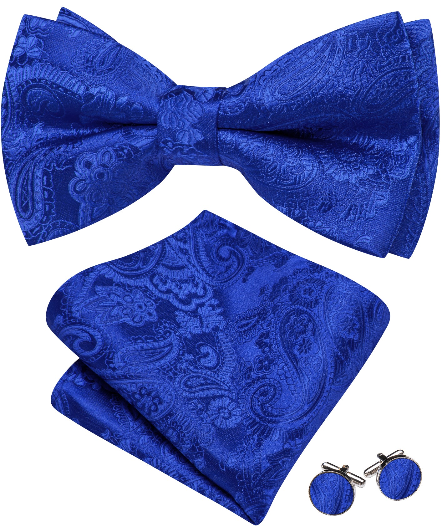 Barry. Wang Sapphire Blue Paisley Pre-tied Bow Tie Hanky Cufflinks Set