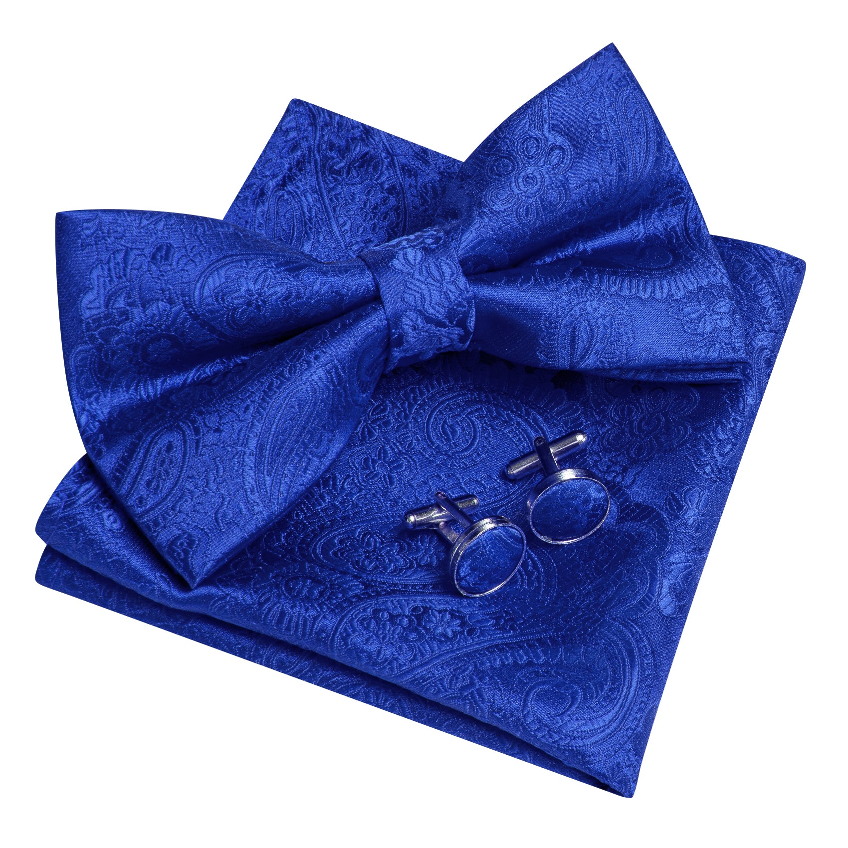 Barry. Wang Sapphire Blue Paisley Pre-tied Bow Tie Hanky Cufflinks Set
