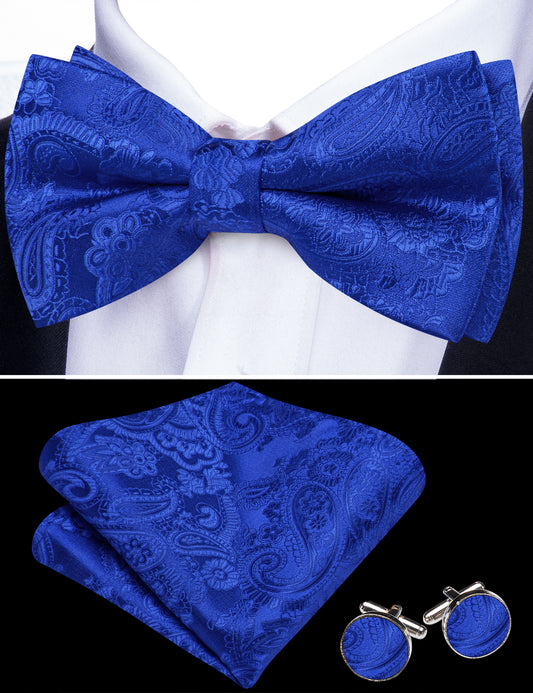 Barry. Wang Royal Blue Bow Tie Hanky Cufflinks Set Paisley Pre-tied Adjustable Bow Tie for Wedding Party