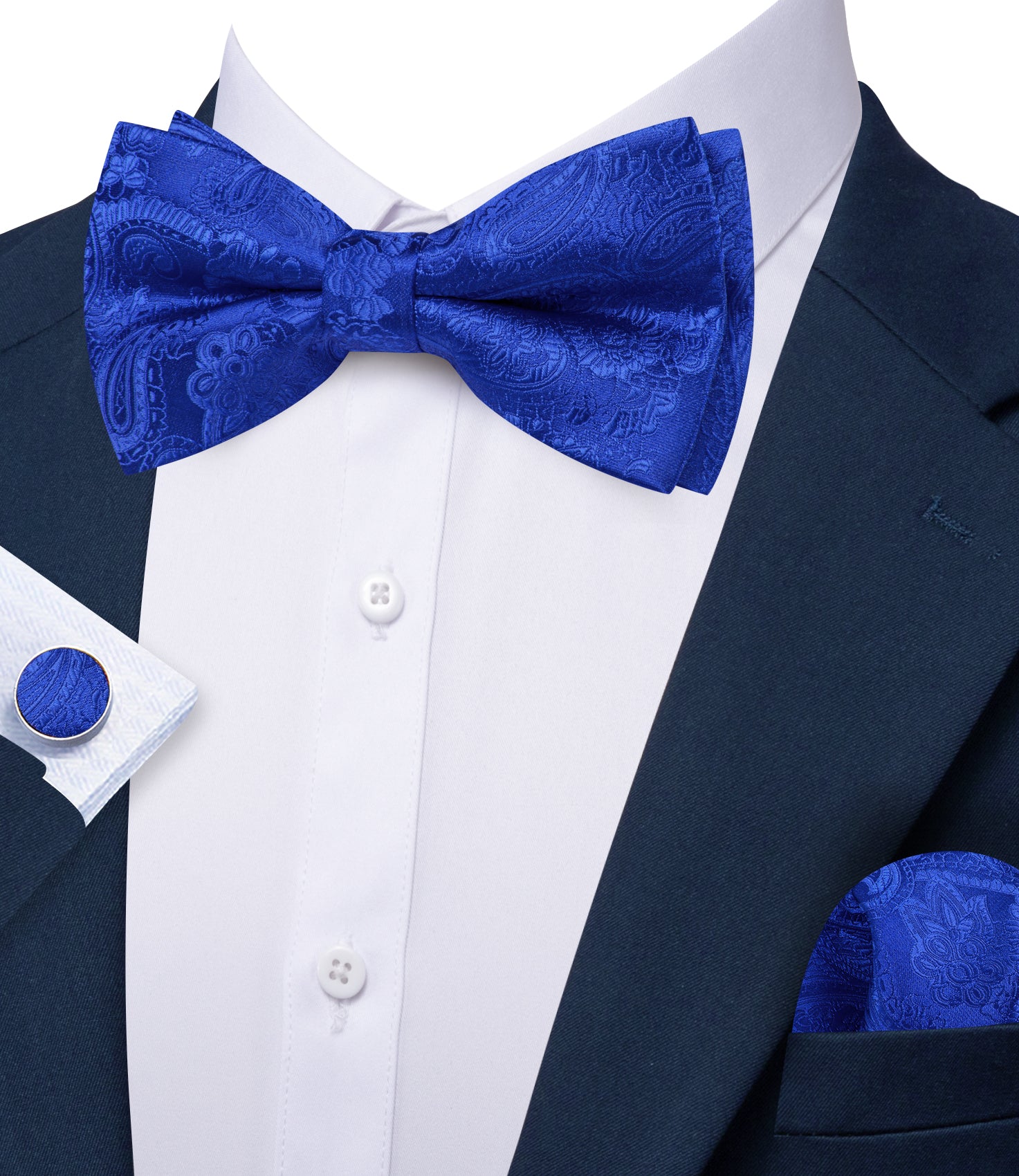 Barry. Wang Sapphire Blue Paisley Pre-tied Bow Tie Hanky Cufflinks Set