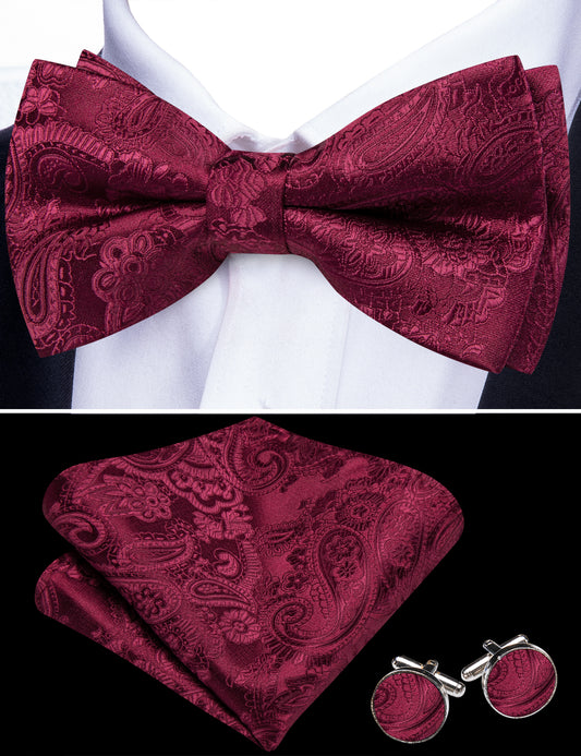 Barry. Wang Burgundy Paisley Bowtie for Wedding Adjustable Pre-tied Jacquard Bow Tie Hanky Cufflinks Set