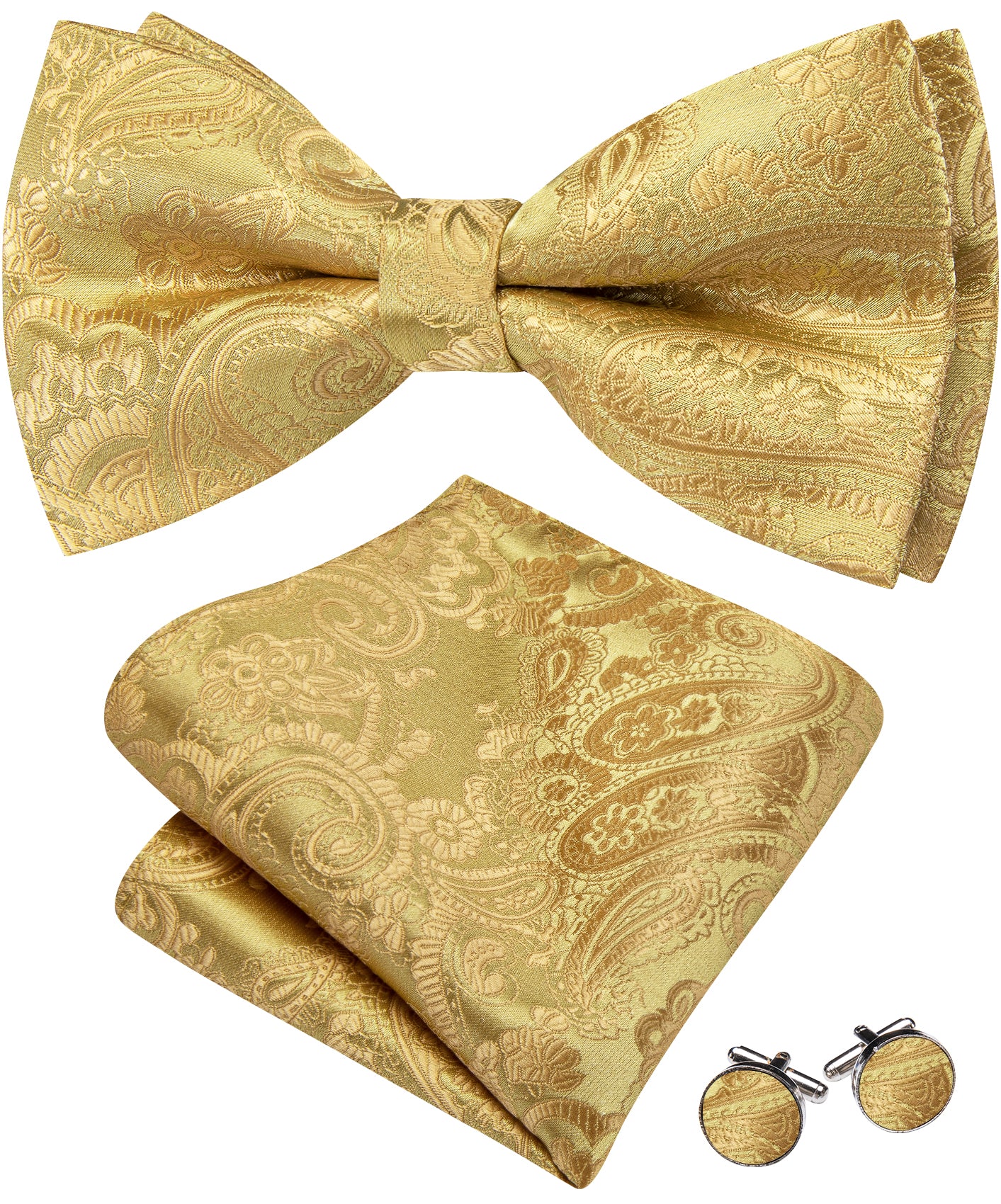 Barry. Wang Light Gold Paisley Pre-tied Bow Tie Hanky Cufflinks Set