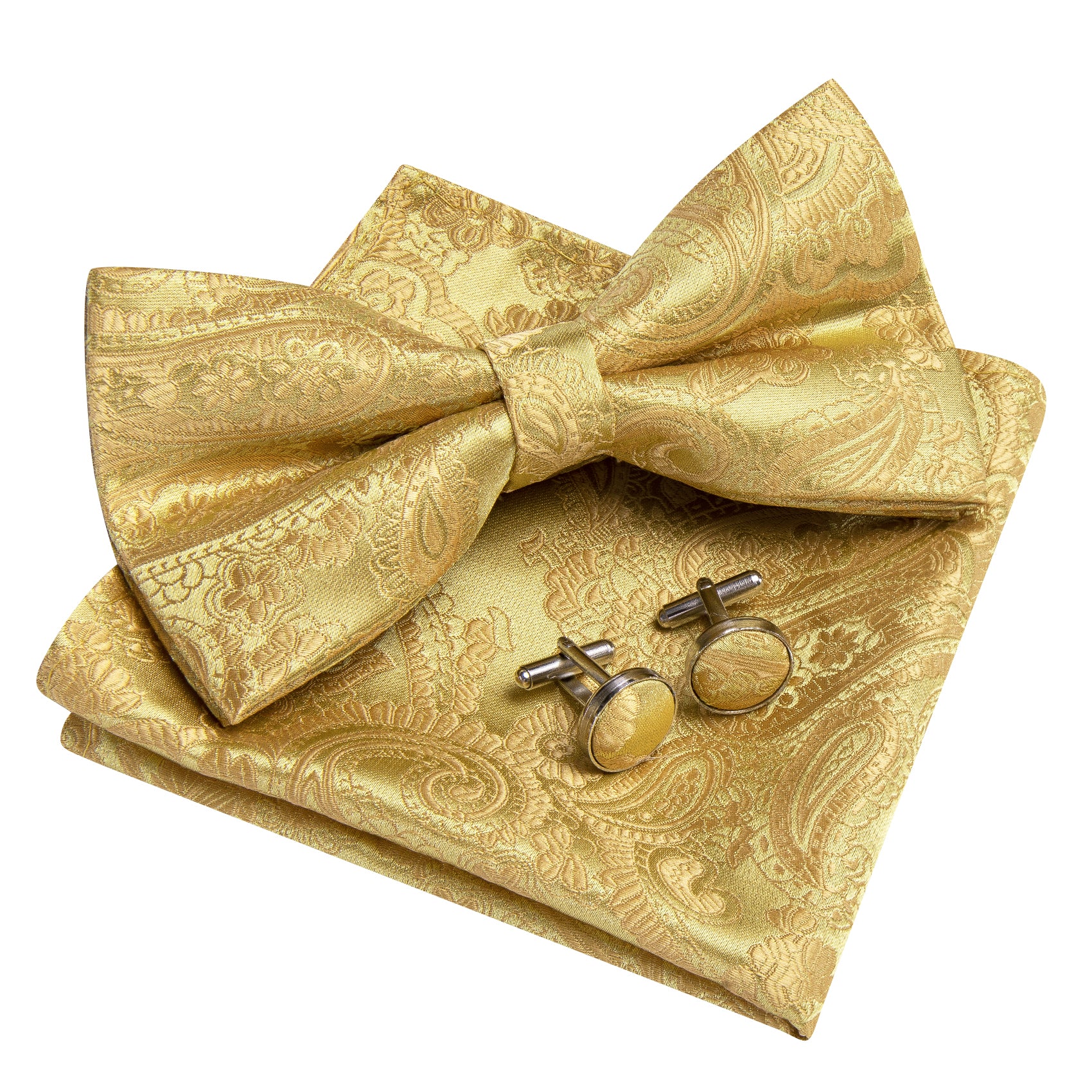Barry. Wang Light Gold Paisley Pre-tied Bow Tie Hanky Cufflinks Set