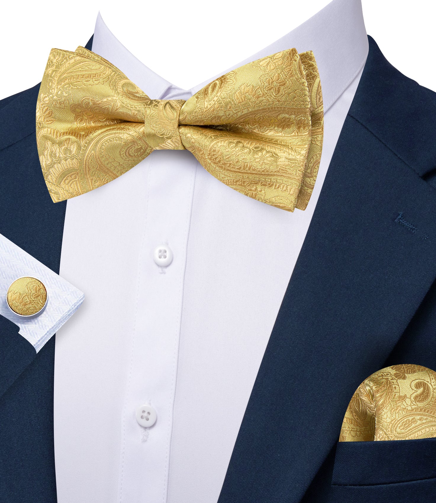 Barry. Wang Light Gold Paisley Pre-tied Bow Tie Hanky Cufflinks Set