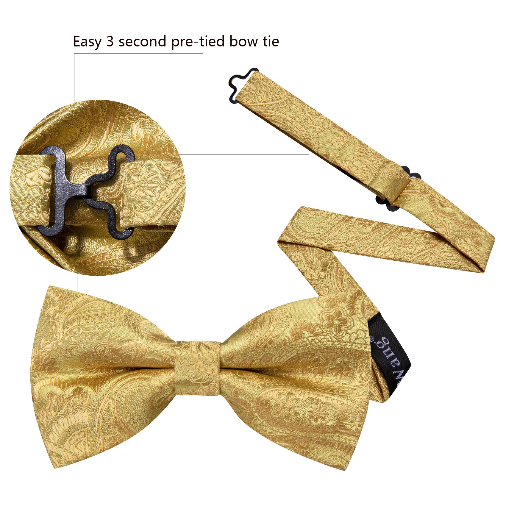 Barry. Wang Light Gold Paisley Pre-tied Bow Tie Hanky Cufflinks Set