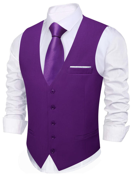 Barry. Wang Silk Purple Suit Vest for Men Solid V-neck Business Tuxedo Waistcoat