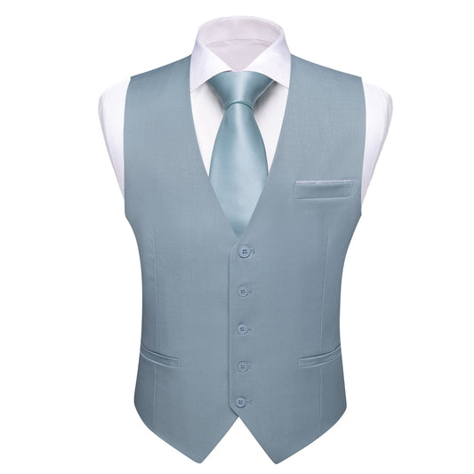 Barry. Wang Steel Blue Suit Vest for Men Solid V-neck Business Formal Vest