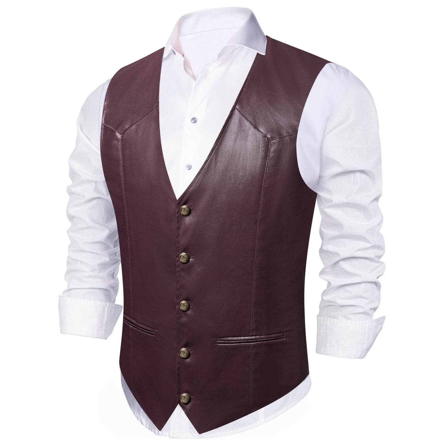 Barry. Wang Wine Leather Suit Vest Casual Western V-Neck Vest Jacket