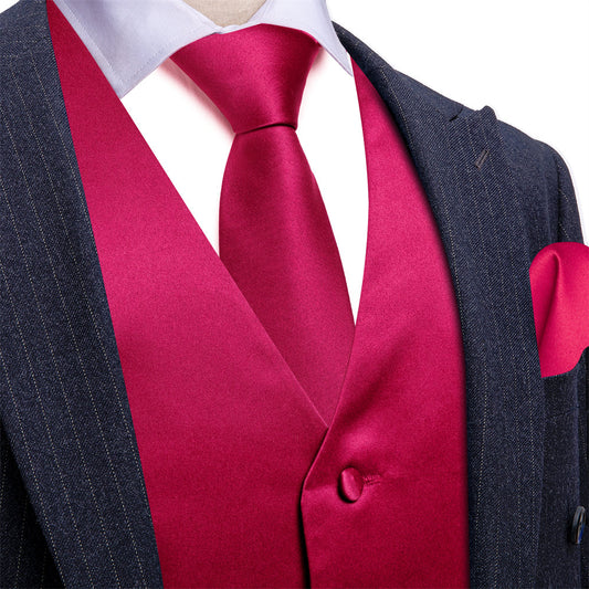 Barry. Wang Silk Fuchsia Pink Suit Vest Solid Dress Vest Necktie Bowtie Hanky Cufflinks Set