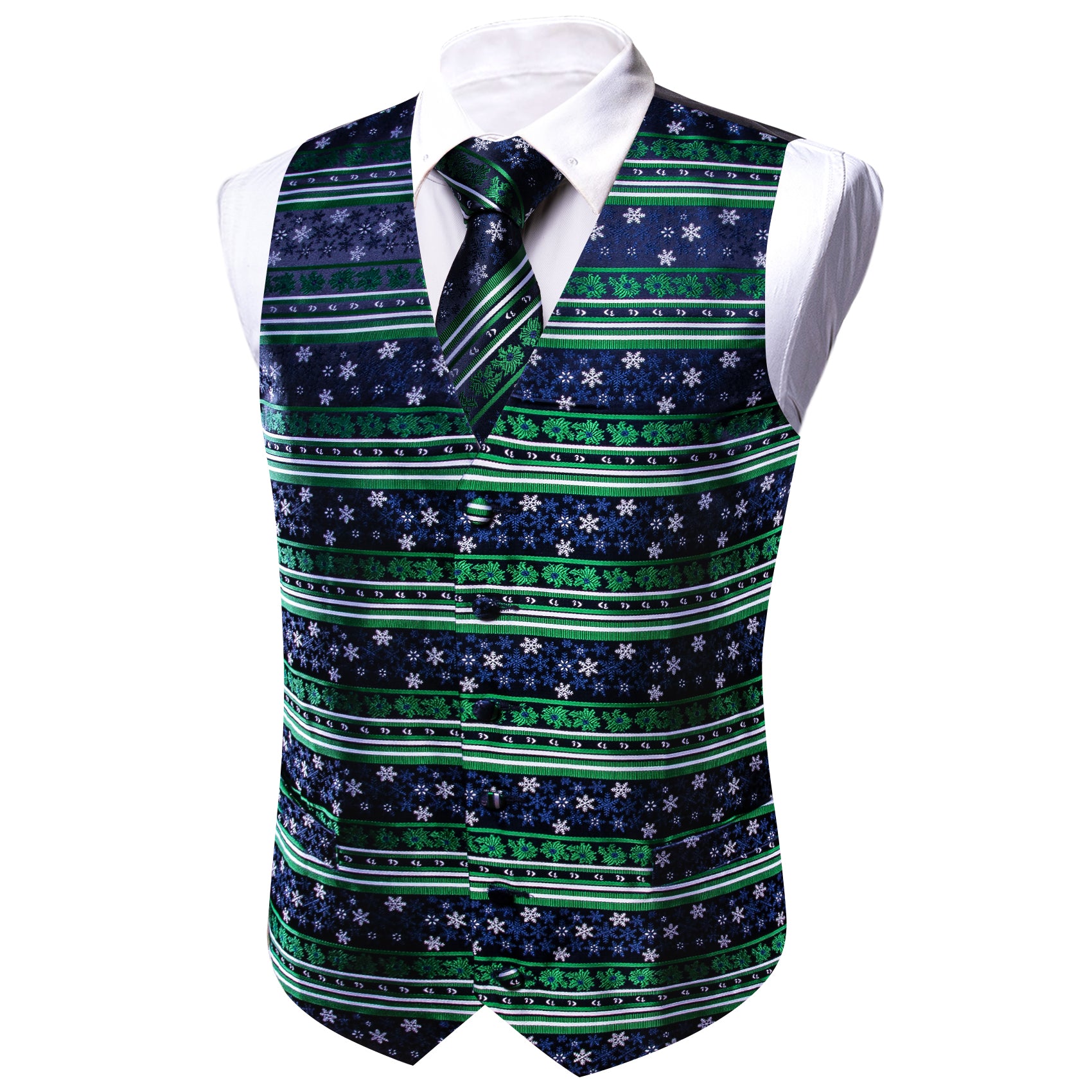 Barry. Wang Mens Holiday Green Suit Vest Navy Snowflake Xmas Silk Formal Waistcoat Tie Hanky Cufflinks Set