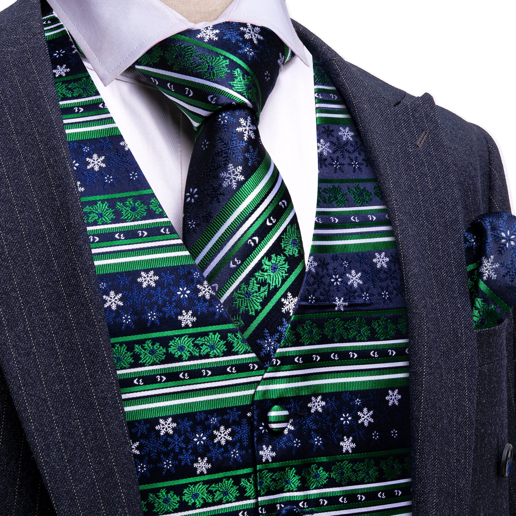 Barry. Wang Navy Green Christmas Element Silk Tie Waistcoat Vest Hanky Cufflinks Set