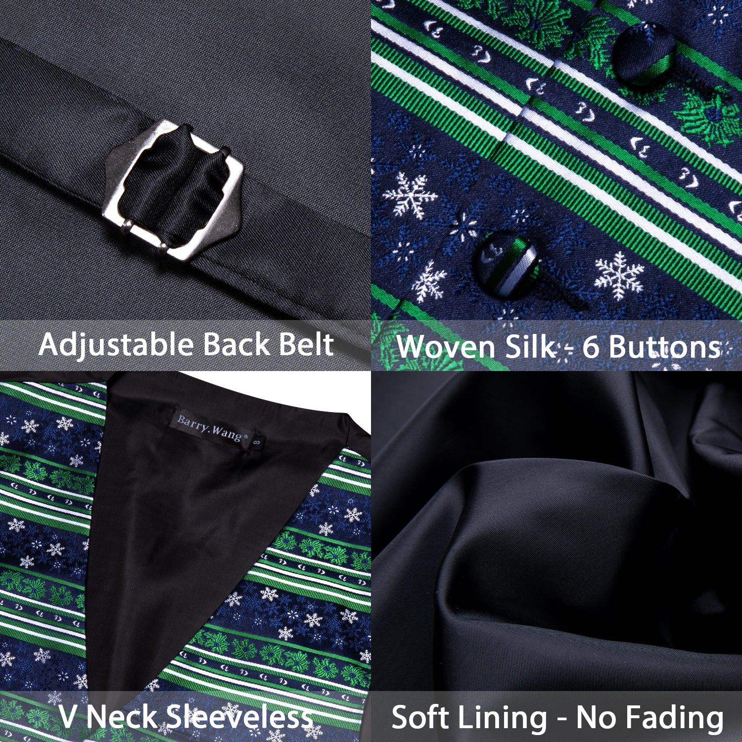 Barry. Wang Mens Holiday Green Suit Vest Navy Snowflake Xmas Silk Formal Waistcoat Tie Hanky Cufflinks Set
