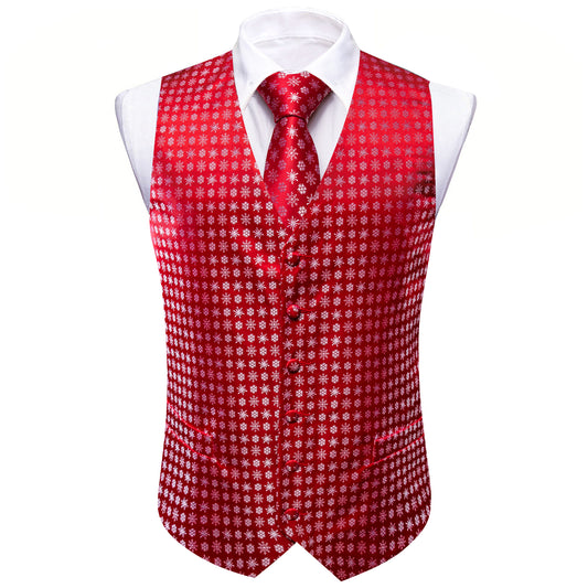 Barry. Wang Holiday Red Waistcoat Xmas Snowflake Tuxedo Vest Necktie Hanky Cufflinks Set