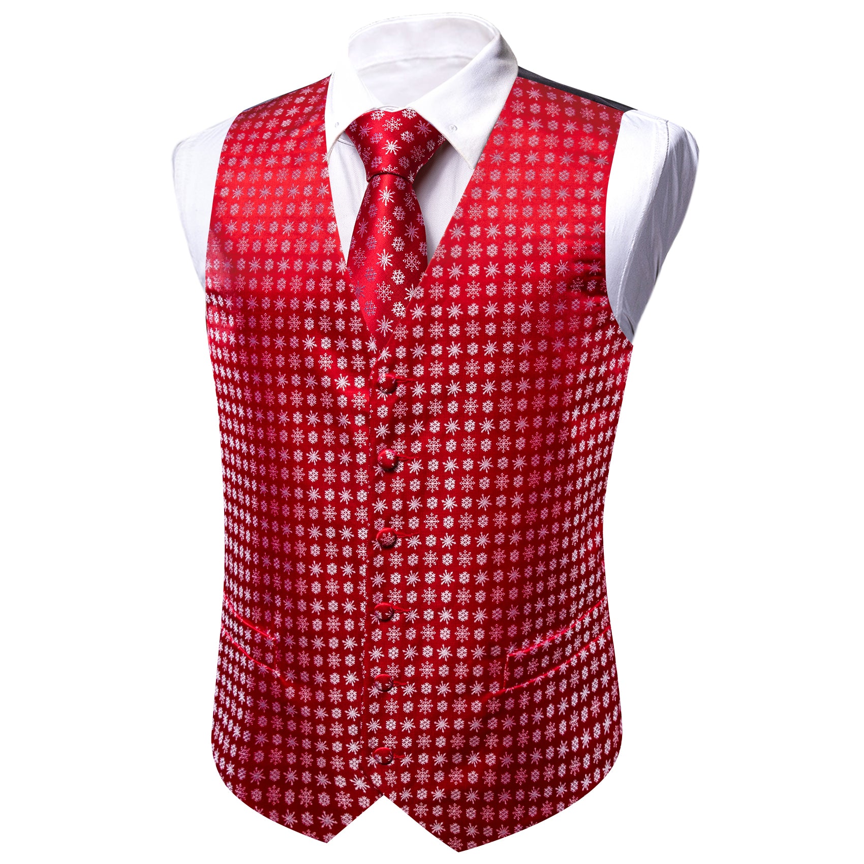Barry. Wang Holiday Red Waistcoat Xmas Snowflake Tuxedo Vest Necktie Hanky Cufflinks Set