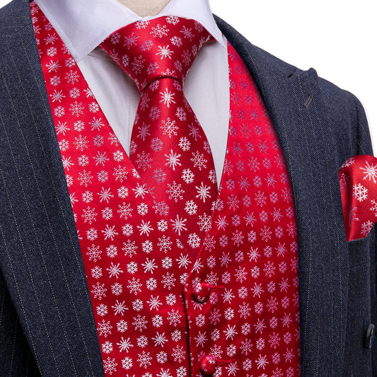 Barry. Wang Holiday Red Waistcoat Xmas Snowflake Tuxedo Vest Necktie Hanky Cufflinks Set