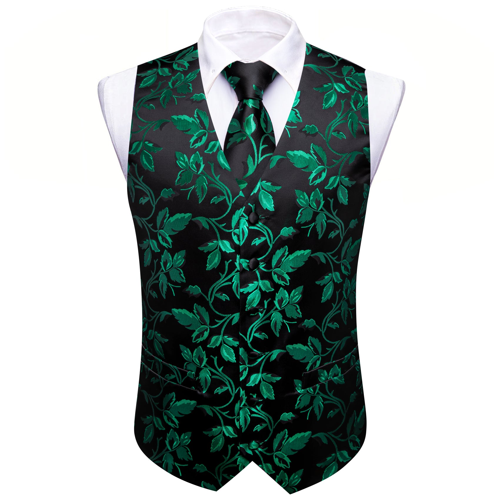 Barry. Wang Men's Green Black Floral Silk Vest Necktie Pocket Square Cufflinks Set