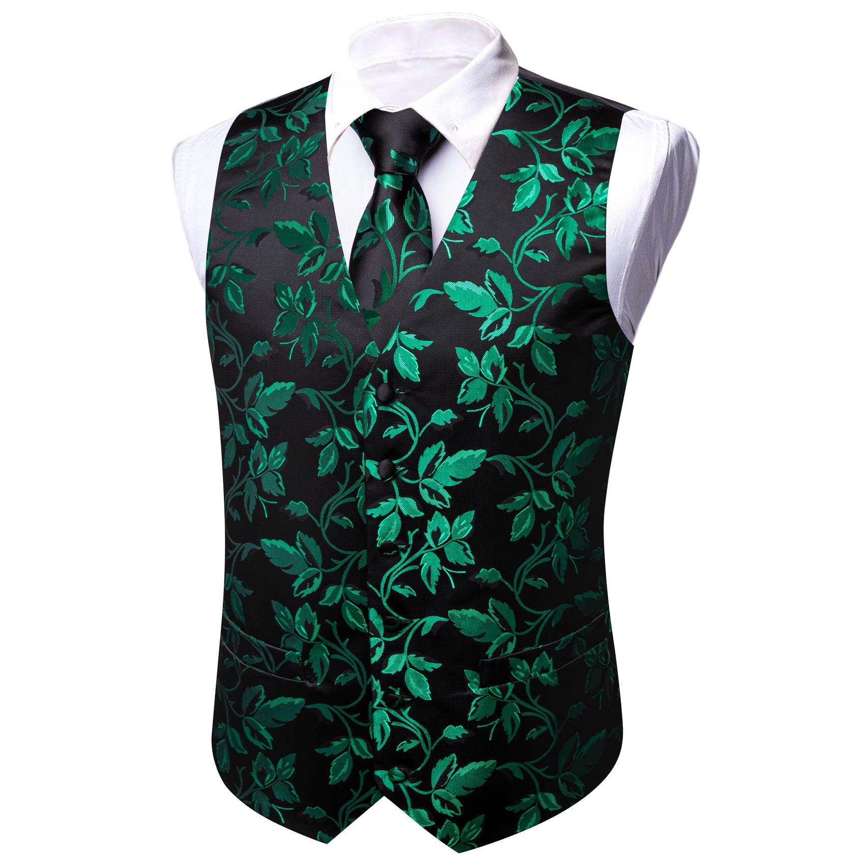Barry. Wang Men's Green Black Floral Silk Vest Necktie Pocket Square Cufflinks Set