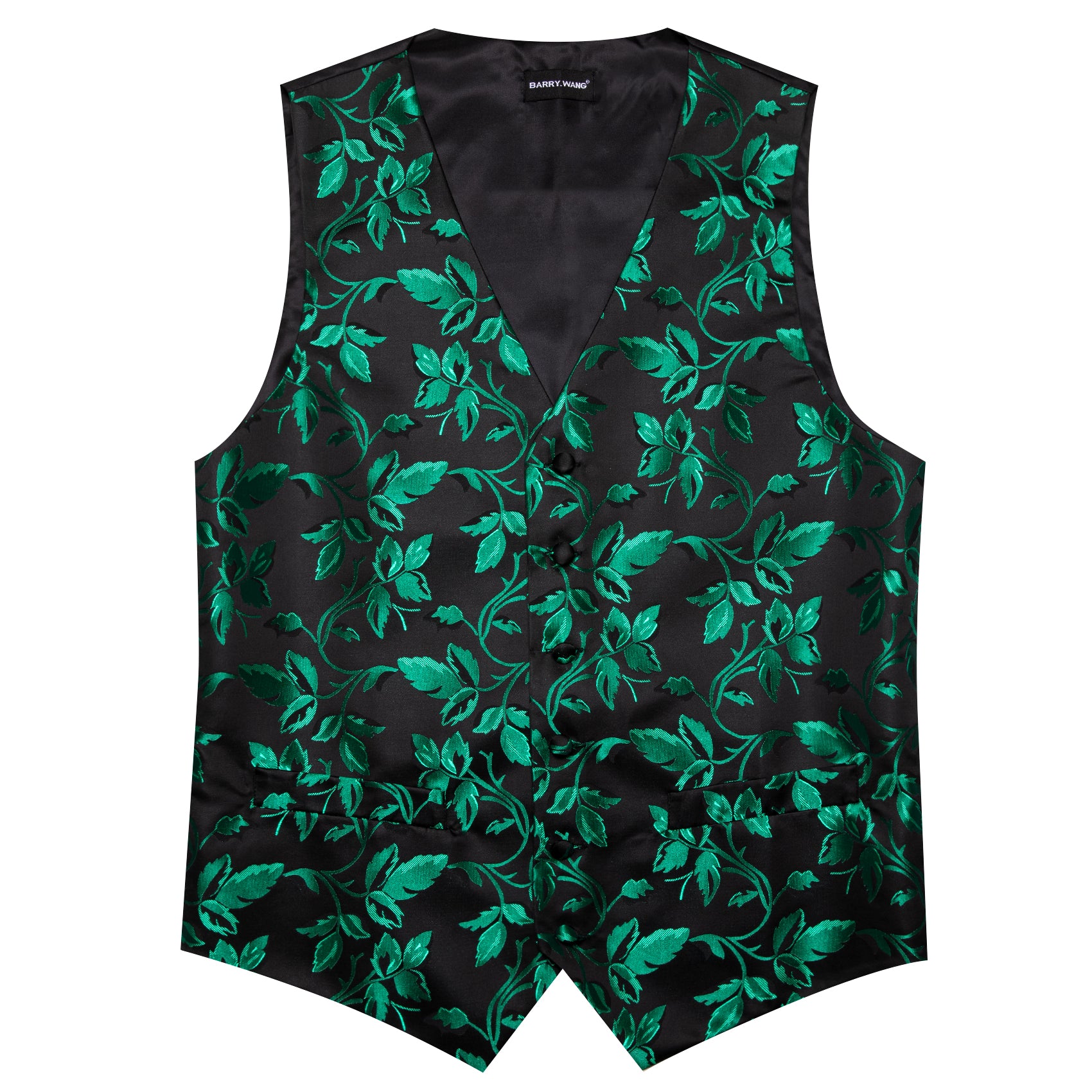 Barry. Wang Men's Green Black Floral Silk Vest Necktie Pocket Square Cufflinks Set