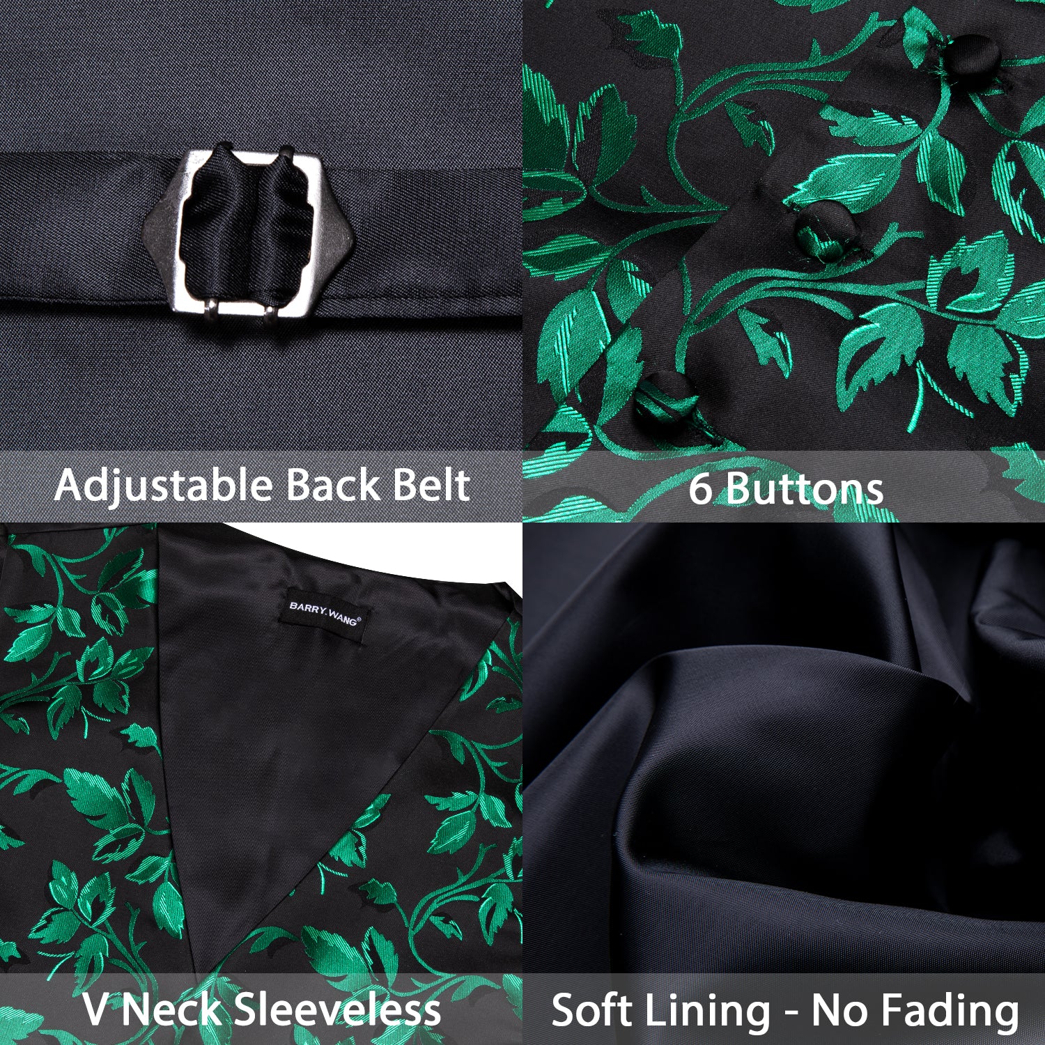 Barry. Wang Men's Green Black Floral Silk Vest Necktie Pocket Square Cufflinks Set