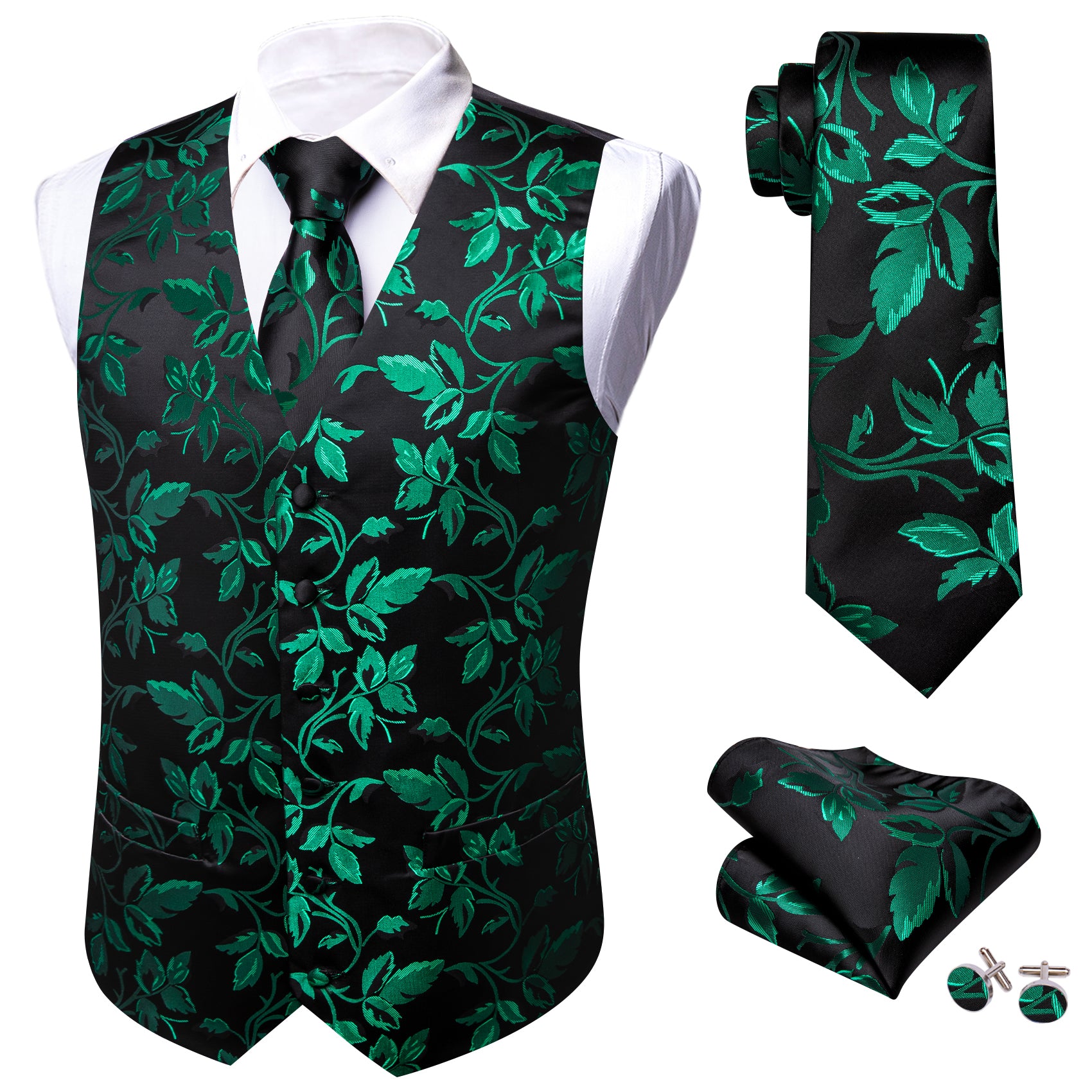 Barry. Wang Men's Green Black Floral Silk Vest Necktie Pocket Square Cufflinks Set