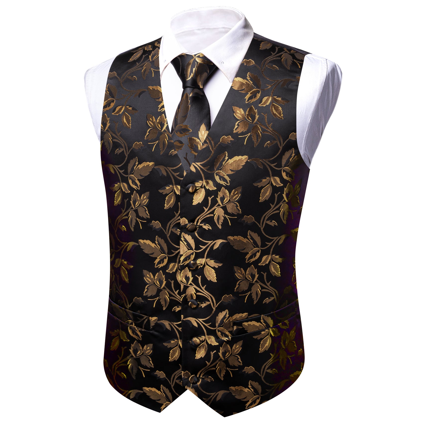 Barry. Wang Men's Golden  Black Floral Silk Vest Necktie Pocket Square Cufflinks Set