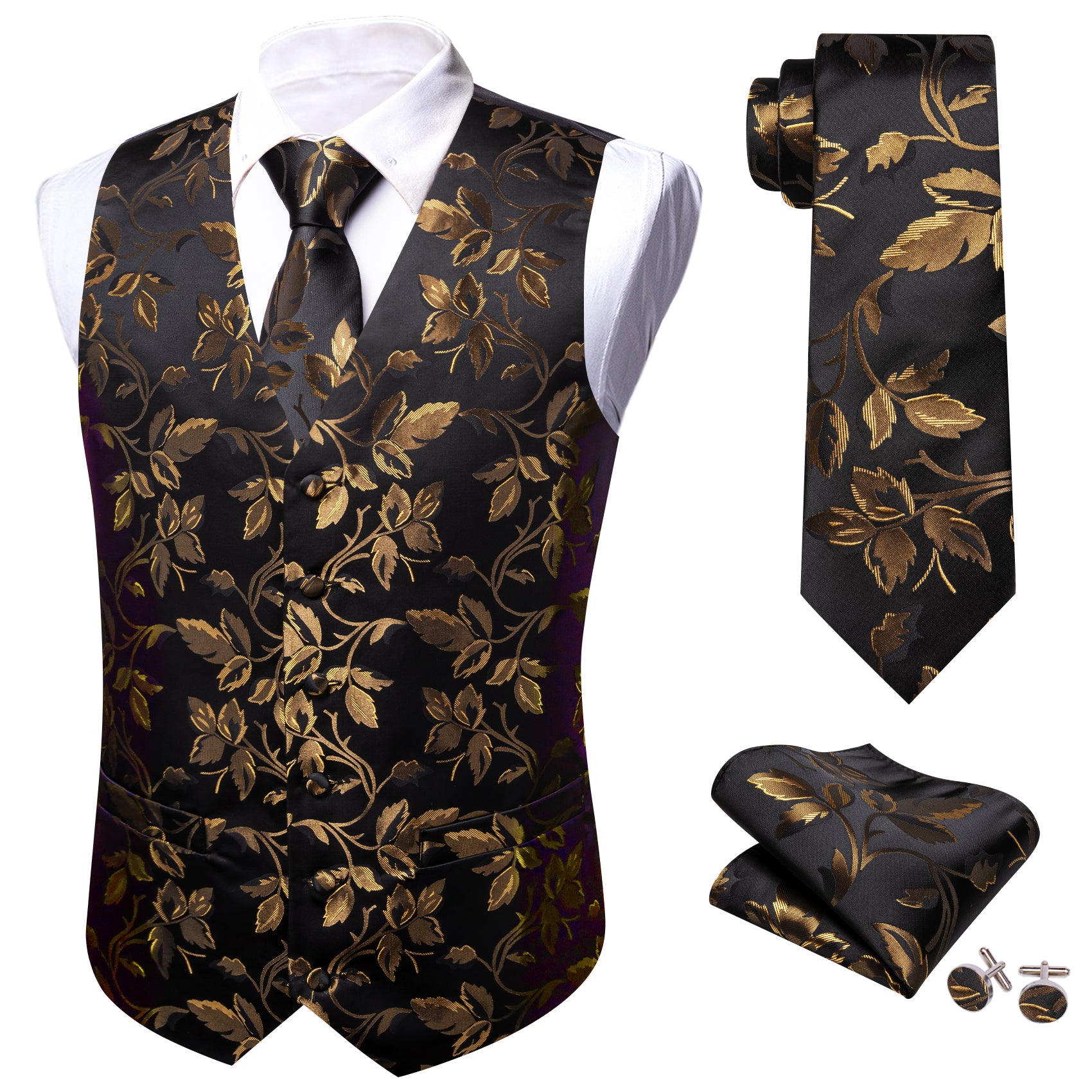 Barry. Wang Men's Golden  Black Floral Silk Vest Necktie Pocket Square Cufflinks Set