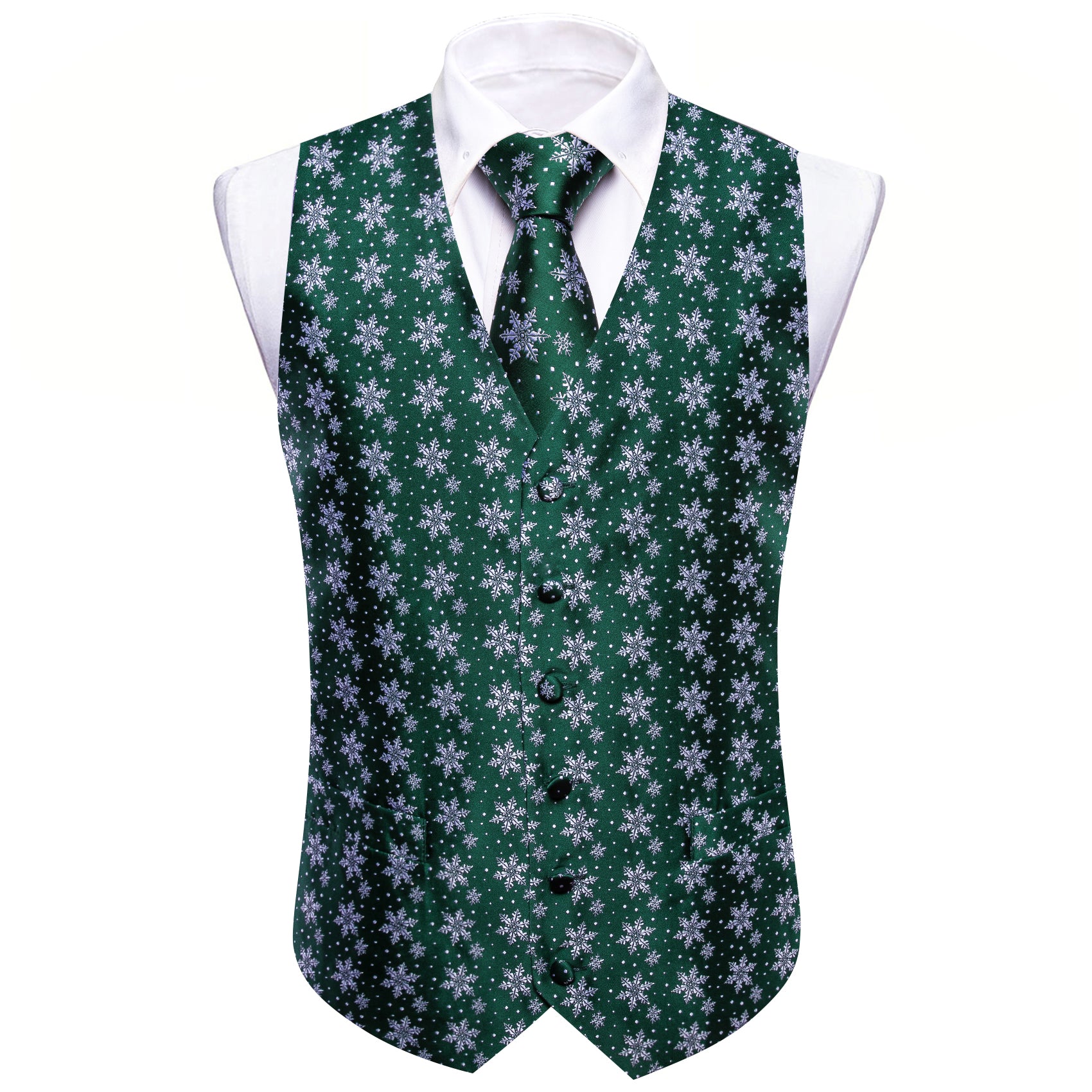 Barry. Wang Christmas Green White Xmas Snowflake Waistcoat Vest Tie Hanky Cufflinks Set