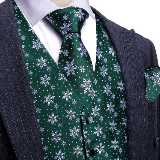 Barry. Wang Holiday Green Suit Vest Xmas Snowflake Dress Waistcoat Tie Hanky Cufflinks Set
