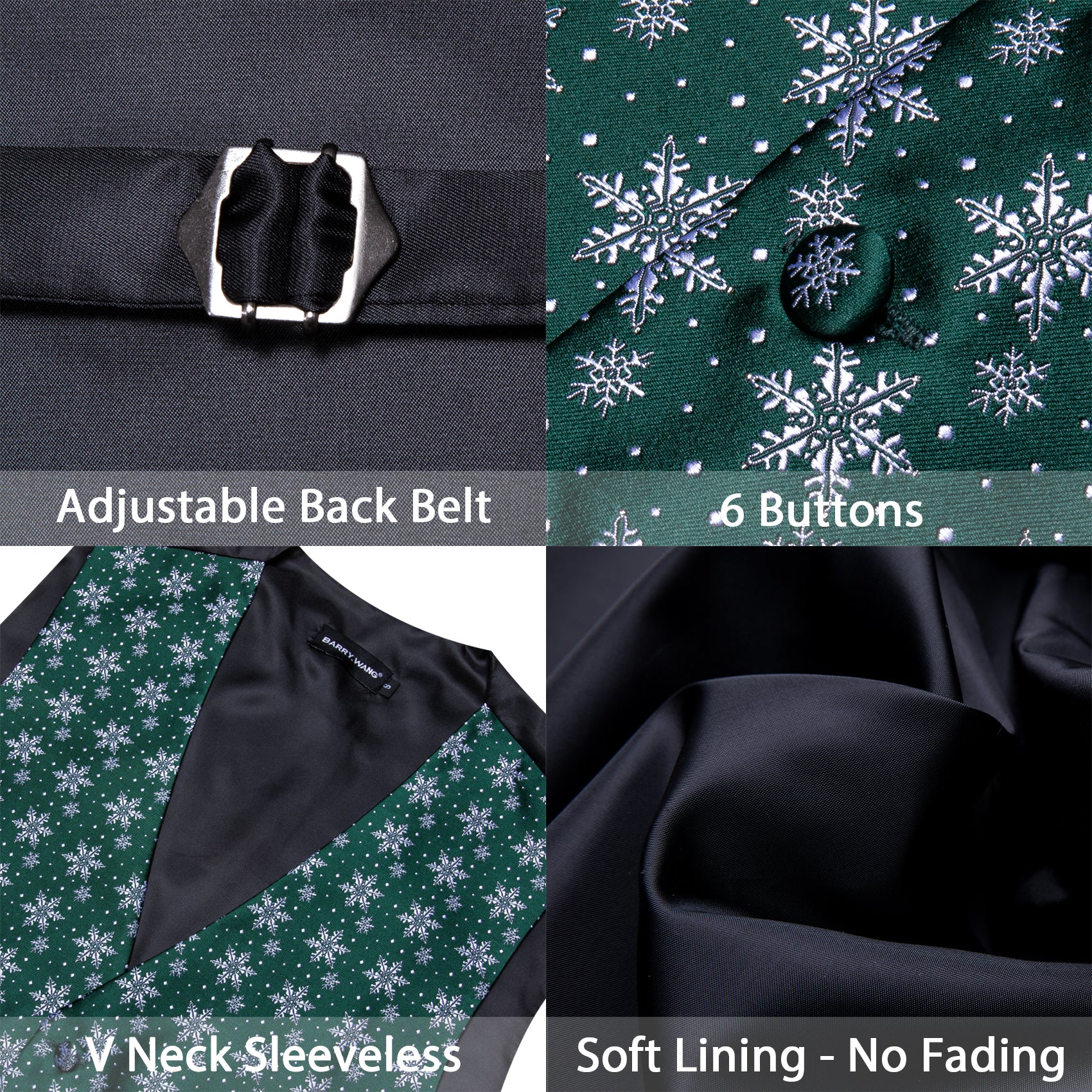 Barry. Wang Holiday Green Suit Vest Xmas Snowflake Dress Waistcoat Tie Hanky Cufflinks Set