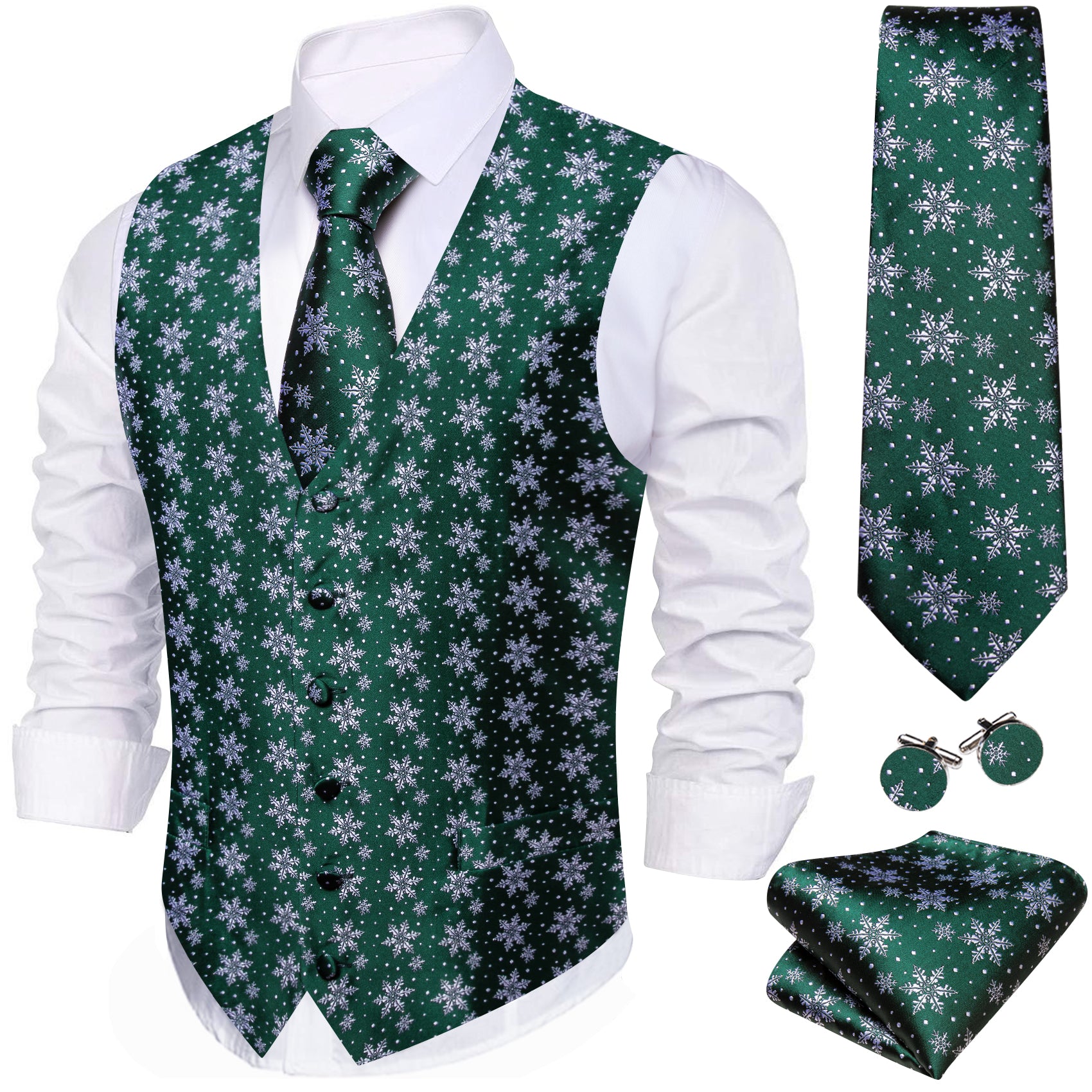 Barry. Wang Holiday Green Suit Vest Xmas Snowflake Dress Waistcoat Tie Hanky Cufflinks Set