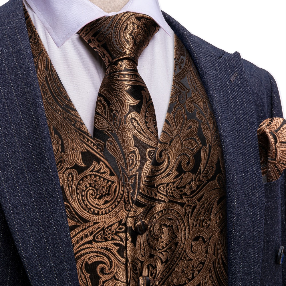 Barry. Wang Brown Suit Vest Paisley Silk V-neck Tuxedo Waistcoat Tie Hanky Cufflinks Set, 2XL