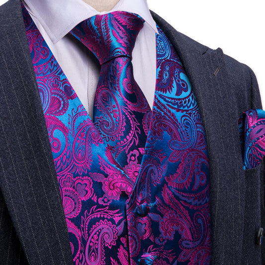 Barry. Wang Paisley Formal Vest Purple Blu  Dress Waistcoat Necktie Hanky Cufflinks Set