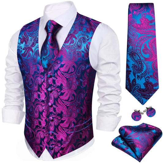 Barry. Wang Paisley Formal Vest Purple Blu  Dress Waistcoat Necktie Hanky Cufflinks Set