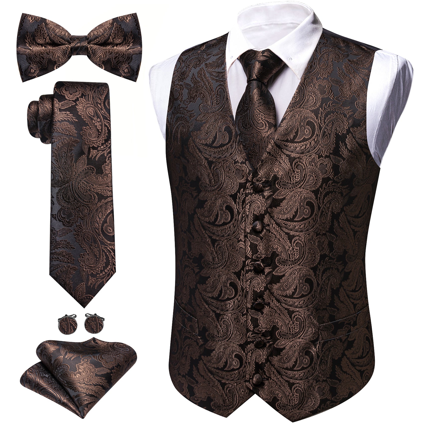 Man's Brown Paisley Vest Tie Set