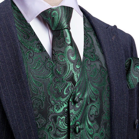 Barry. Wang Hunter Green Suit Vest for Men Formal Paisley Mens Vests Tie Hanky Cufflinks Set