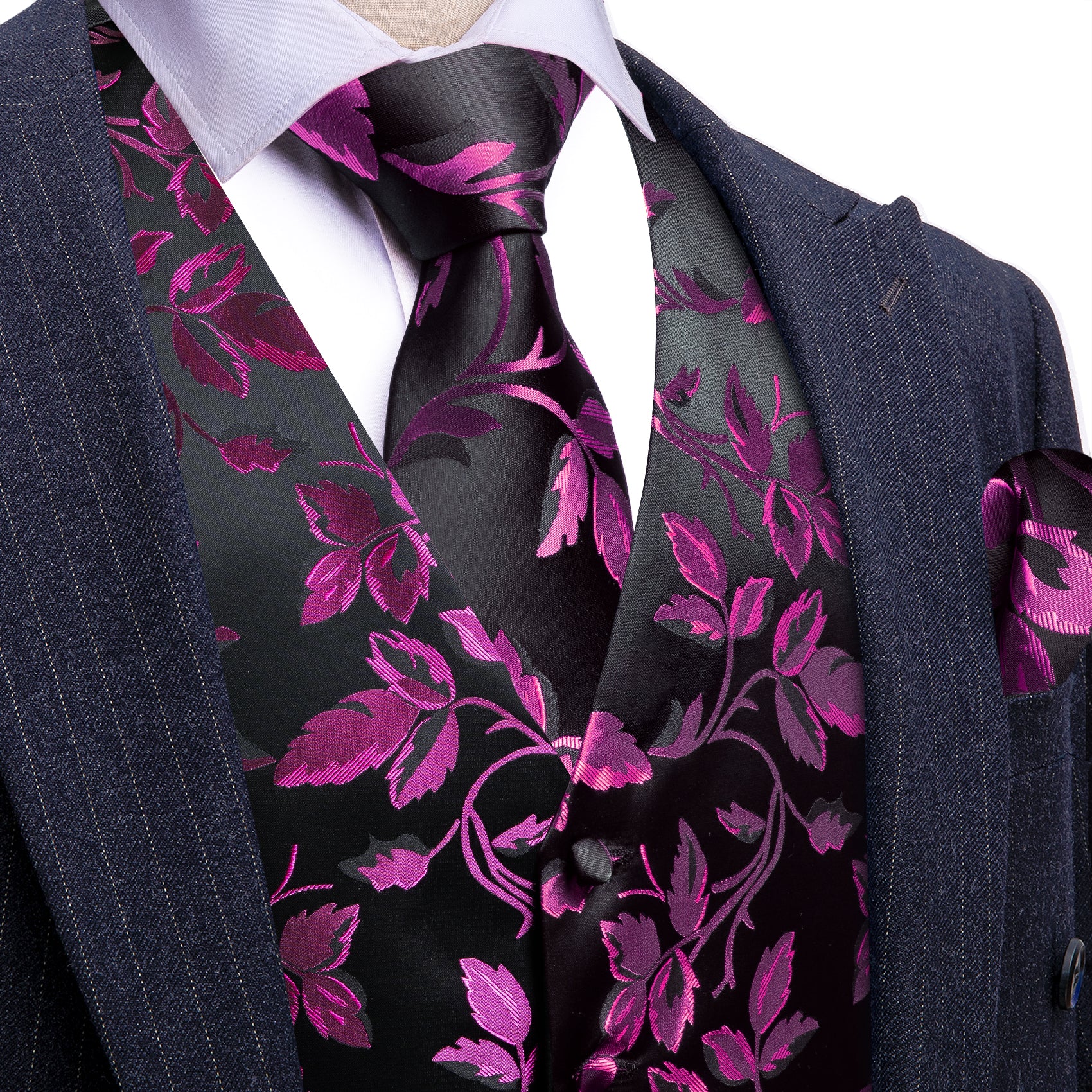 Barry Wang Men's Black Purple Jacquard Floral Silk Tie Waistcoat