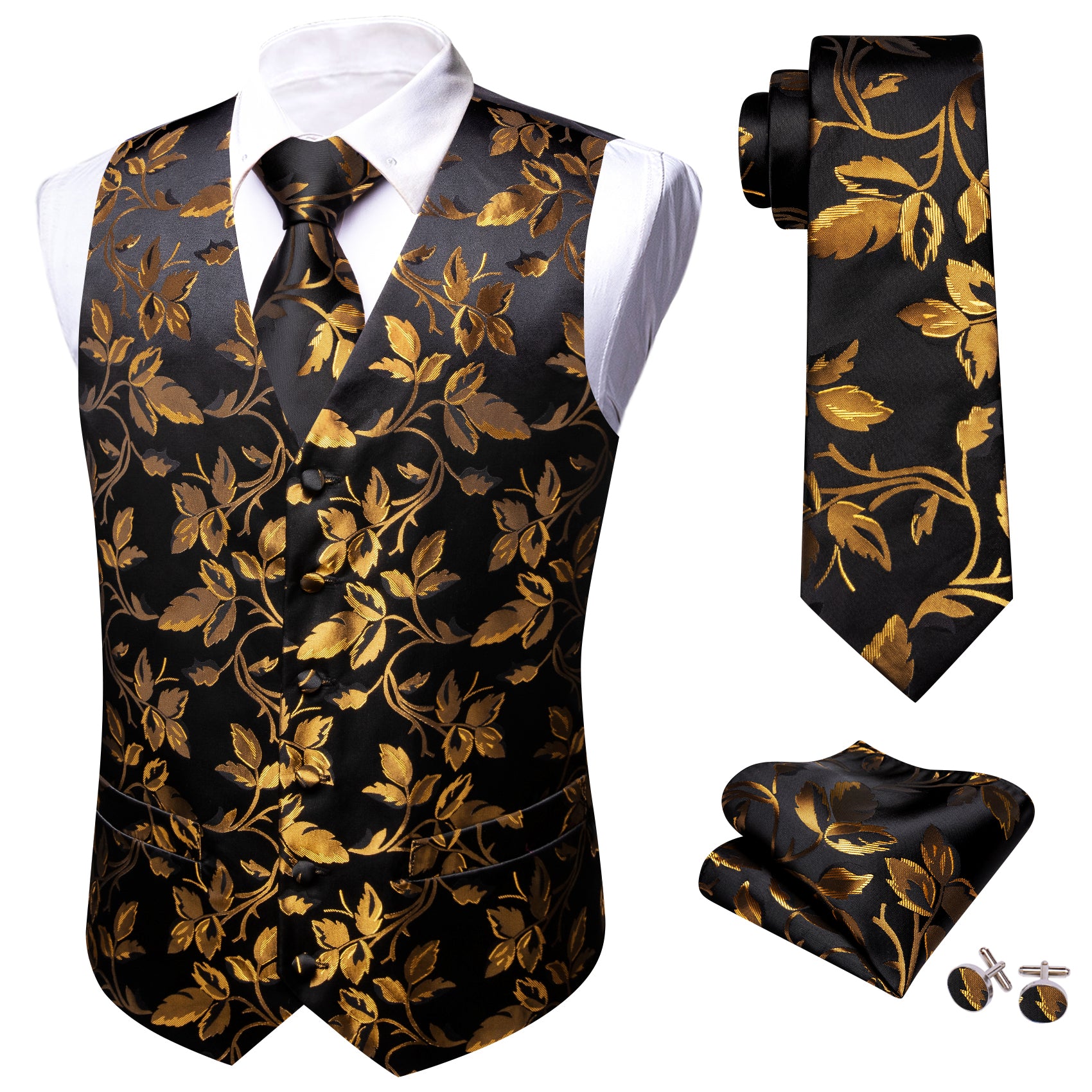 Barry Wang Men Black Golden Floral V-Neck Silk Dress Vest Necktie Set Barry. Wang Barry Wang Men Black Golden Floral V-Neck Silk Dress Vest Necktie Set Barry. Wang