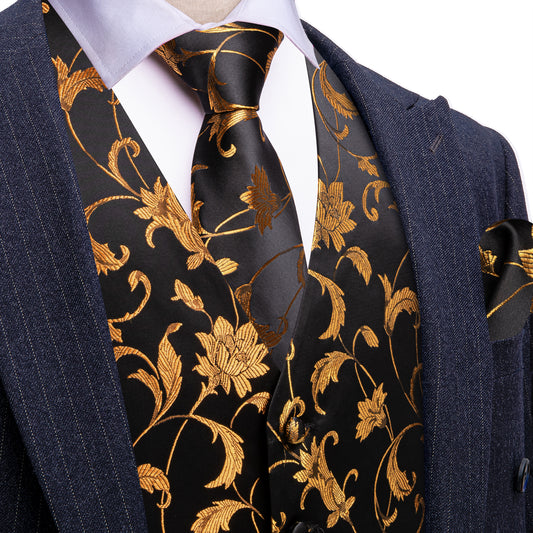 Barry. Wang Black Silk Dress Vest Gold Floral Suit Vest Tie Hanky Cufflinks Set