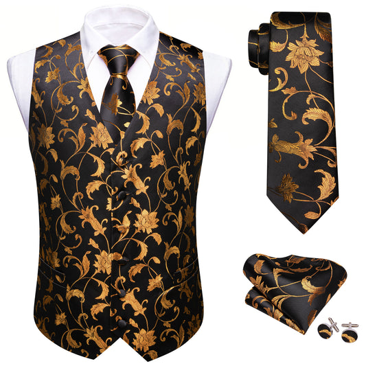 Barry. Wang Black Silk Dress Vest Gold Floral Suit Vest Tie Hanky Cufflinks Set