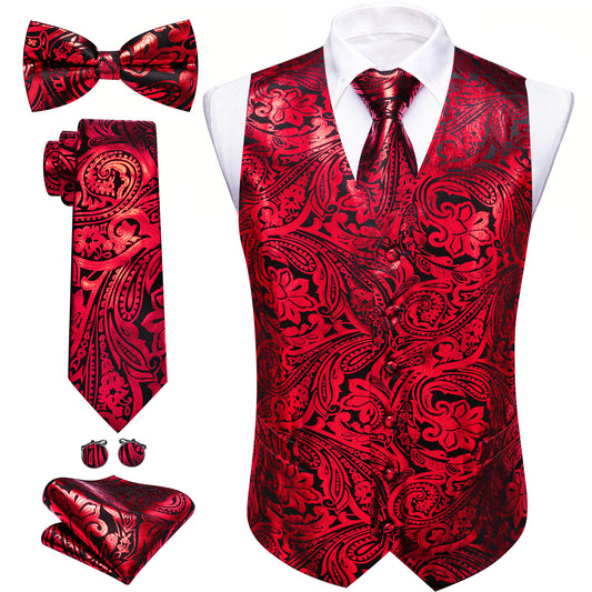 Barry. Wang Men's Red Paisley Silk Vest Necktie Pocket Square Cufflinks Set